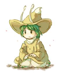 Rule 34 | 1other, amanomori shou, androgynous, antennae, baila kuangzi, brown hat, brown skirt, brown sleeves, brown vest, chinese commentary, closed mouth, commentary request, detached sleeves, frown, green hair, hat, highres, kneeling, len&#039;en, long sleeves, no nose, other focus, pants, shirt, short hair, simple background, sketch, skirt, solo, vest, white background, white pants, white shirt