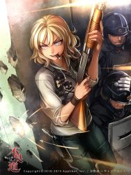 Rule 34 | &gt;:d, 1girl, 2boys, :d, against wall, blonde hair, blue eyes, buckle, company name, copyright name, dated, evil smile, finger on trigger, furyou michi ~gang road~, grin, gun, handgun, helmet, hiding, holding, holding weapon, holster, kriss sison, mouth hold, multiple boys, open mouth, pants, pistol, police, riot shield, sandra vitchi, sheath, sheathed, shell casing, shield, short hair, shotgun, smile, solo focus, sparks, swat, thigh holster, thigh strap, tsurime, v-shaped eyebrows, weapon