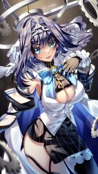 Rule 34 | 1girl, artist name, black gloves, black thighhighs, blue bow, blue cape, blue eyes, blue hair, blue ribbon, bow, bow earrings, breasts, cape, chain, chain headband, cleavage cutout, clothing cutout, collar, detached sleeves, earrings, english text, gears, gloves, hair intakes, halo, hand on own chest, head chain, heart, highres, hololive, hololive english, jewelry, kira yukishiro, large breasts, looking at viewer, mechanical halo, micro shorts, miniskirt, open mouth, ouro kronii, ouro kronii (1st costume), ribbon, shirt, short hair, shorts, skirt, sleeveless, sleeveless shirt, smile, solo, thighhighs, underboob, underboob cutout, veil, virtual youtuber