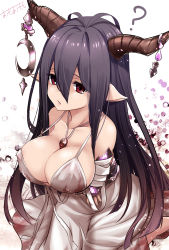 Rule 34 | 10s, 1girl, ?, antenna hair, areola slip, artist name, bandaged arm, bandages, black hair, blood, blood on clothes, bloody clothes, bloody dress, breasts, cleavage, collarbone, danua, draph, dress, glint, granblue fantasy, hair between eyes, highres, horn ornament, horns, jewelry, large breasts, looking away, omoomomo, parted lips, pendant, pointy ears, red eyes, sleeveless, sleeveless dress, solo, sparkle, strap gap, white background, white dress