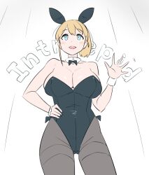 Rule 34 | 1girl, alternate costume, animal ears, black bow, black bowtie, black leotard, black pantyhose, blonde hair, bow, bowtie, breasts, cleavage, cowboy shot, detached collar, green eyes, hand on own hip, intrepid (kancolle), kantai collection, large breasts, leotard, pantyhose, playboy bunny, rabbit ears, short hair, side-tie leotard, smile, solo, standing, strapless, strapless leotard, tamu (mad works), thighband pantyhose, waving, wrist cuffs