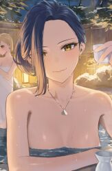 Rule 34 | 2girls, bathing, blonde hair, blue hair, breasts, choko (cup), closed mouth, collarbone, commentary request, completely nude, cup, earrings, fingernails, hair bun, hair over one eye, hara kenshi, highres, holding, holding cup, jewelry, kimishima touka, kunitomi ryouka, light blush, light smile, long fingernails, looking at viewer, medium breasts, multiple girls, naked towel, night, nude, onsen, orange eyes, original, outdoors, partially submerged, pendant, short hair, solo focus, towel, water, yellow eyes