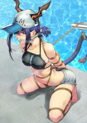 Rule 34 | 1girl, absurdres, arknights, arms behind back, barefoot, baseball cap, bdsm, bikini, bikini top only, blue hair, bondage, bound, ch&#039;en (arknights), ch'en (arknights), chen zi, cloth gag, collaboration, commission, crotch rope, dragon horns, dragon tail, female tourist c (arknights), frogtie, gag, gagged, hat, highres, horns, improvised gag, kneeling, official alternate costume, poolside, red eyes, restrained, rope, shinebell, short shorts, shorts, solo, swimsuit, tail, water