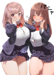 Rule 34 | 2girls, ^ ^, bow, bowtie, breasts, brown hair, button gap, closed eyes, clothes lift, disembodied hand, ghost, kaisen chuui, large breasts, lifting another&#039;s clothes, long hair, looking at viewer, multiple girls, original, panties, pantyshot, red bow, red bowtie, school uniform, shirt, side-tie panties, simple background, skirt, skirt lift, smile, thick thighs, thighs, underwear, white background, white shirt