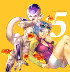 Rule 34 | 1boy, 1girl, ;), arm at side, bare legs, black bra, blue eyes, blue hair, bra, breasts, bulma, commentary, copyright name, crossed legs, dragon ball, dragon ball (object), dragon ball super, dragon ball super broly, english commentary, evil smile, fingernails, frieza, hand up, jacket, jewelry, looking at viewer, medium breasts, multicolored clothes, multicolored jacket, necklace, one eye closed, orange background, red eyes, sagta panggang, short hair, shorts, simple background, sitting, smile, sunglasses, tail, two-tone jacket, underwear, v-shaped eyebrows, white shorts