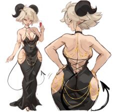 Rule 34 | 1girl, alcohol, ass, backboob, black dress, black horns, breasts, champagne flute, cleavage, collage, commentary, cup, demon tail, dress, drinking glass, english commentary, grey hair, hands on own hips, highres, hip vent, horns, large breasts, long dress, long pointy ears, modakawa dress, no bra, no panties, one eye closed, original, pointy ears, rakeemspoon, revealing clothes, short hair, solo, spaghetti strap, standing, susan (rakeemspoon), tail, wide hips, yellow eyes