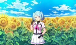 1girl asymmetrical_bangs baseball_uniform belt belt_buckle belt_pouch bike_shorts_under_skirt black_belt black_gloves black_pouch black_shorts black_undershirt blue_eyes blue_hair blue_sky buckle cinderella_series closed_mouth cloud field fingerless_gloves flower flower_field game_cg gloves hachigatsu_no_cinderella_nine hand_in_own_hair highres light_blue_hair looking_at_viewer mizuhara_asumi neckerchief non-web_source official_art pink_neckerchief pleated_skirt pouch shirt shirt_under_shirt short_sleeves shorts skirt sky solo sportswear standing striped_belt striped_clothes striped_shirt sunflower sunflower_field twintails vertical-striped_clothes vertical-striped_shirt wristband