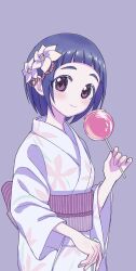 Rule 34 | 1girl, apple, arched bangs, birthday, blue hair, blue kimono, blush, brown eyes, candy apple, closed mouth, commentary, cowboy shot, dot nose, fingernails, floral print, floral print kimono, flower, food, fruit, hair flower, hair ornament, hand up, highres, holding, holding food, holding fruit, idolmaster, idolmaster cinderella girls, japanese clothes, kanipoposu, kanzashi, kimono, looking at viewer, looking to the side, obi, obijime, official alternate costume, okazaki yasuha, purple background, purple sash, sash, short bangs, short hair, simple background, smile, solo, split mouth, standing, three quarter view, tsumami kanzashi, yukata