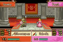 Rule 34 | 1girl, animated, animated gif, blonde hair, concealed weapon, critical hit, crossover, crown, dodging, dress, duel, english text, fire emblem, goomba, heads-up display, mario (series), nintendo, pink dress, pixel art, polearm, princess peach, spear, sprite, super mushroom, super star (mario), tumblr username, vilkalizer, weapon