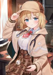 Rule 34 | 1girl, arm up, blonde hair, blue eyes, blurry, blurry background, blush, breasts, brown capelet, brown hat, brown jacket, brown skirt, bubba (watson amelia), capelet, cloak, closed mouth, collared shirt, commentary, death-sensei (mori calliope), deerstalker, depth of field, desk, hair between eyes, hair ornament, hand on headwear, hat, highres, hololive, hololive english, indoors, jacket, light particles, long sleeves, looking at viewer, medium breasts, necktie, open clothes, open jacket, plaid, plaid headwear, plaid skirt, pleated skirt, pocket watch, racchi., red necktie, roman numeral, shirt, short necktie, skirt, smile, solo, takodachi (ninomae ina&#039;nis), tented shirt, virtual youtuber, watch, watson amelia, watson amelia (1st costume), white shirt