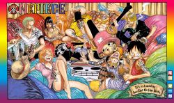 Rule 34 | 2girls, 6+boys, alcohol, antlers, beer, black hair, blonde hair, blue hair, brook (one piece), chain, chain necklace, cigarette, color spread, copyright name, cover, cover page, eating, food, formal, franky (one piece), goggles, green hair, hat, horns, jewelry, jolly roger, log pose, meat, monkey d. luffy, multiple boys, multiple girls, nami (one piece), necklace, necktie, nico robin, oda eiichirou, official art, one piece, orange hair, roronoa zoro, sanji (one piece), short hair, short shorts, shorts, skeleton, skull, smile, smoking, straw hat, straw hats jolly roger, suit, sword, tattoo, thighs, tony tony chopper, top hat, usopp, weapon, wine