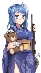 Rule 34 | 10s, 1girl, 2015, admiral (kancolle), blue eyes, blue hair, blush, breasts, character doll, dated, double bun, covered erect nipples, female focus, fox mask, gun, hat, highres, holding, holding gun, holding weapon, japanese clothes, kantai collection, kimono, kuro chairo no neko, large breasts, lips, long hair, looking at viewer, mask, mask on head, matching hair/eyes, obi, paw print, peaked cap, sash, shotgun, simple background, smile, solo, stuffed animal, stuffed toy, teddy bear, twitter username, urakaze (kancolle), weapon, white background