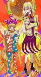 Rule 34 | 2girls, american flag dress, american flag pants, american flag print, blonde hair, bow, bowtie, breasts, brown eyes, brown hair, burger, closed mouth, clownpiece, collared dress, collared jacket, commentary request, crossed arms, cup, dress, drink, drinking glass, fairy wings, food, full body, gem, grey hair, hair between eyes, hands up, hat, highres, jacket, jester cap, jewelry, kishin sagume, light brown hair, long hair, long sleeves, looking at another, looking away, looking down, medium breasts, multiple girls, neck ruff, no shoes, open clothes, open jacket, open mouth, pants, pantyhose, pointy ears, polka dot, potato, print pants, purple dress, purple headwear, red background, red bow, red bowtie, red eyes, sharp teeth, short hair, short sleeves, single wing, smile, sosei, standing, star (symbol), star print, striped clothes, striped dress, striped pants, teeth, tongue, touhou, wings, yellow jacket