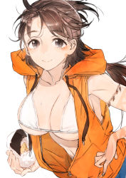 Rule 34 | 1girl, bare shoulders, beads, bikini, bikini top only, blue shorts, breasts, brown eyes, brown hair, cleavage, collarbone, contemporary, denim, denim shorts, drawstring, facial mark, fate/grand order, fate (series), food, food on face, forehead, forehead mark, highres, himiko (fate), himiko (tour outfit) (fate), hood, hooded vest, hoodie, large breasts, long hair, looking at viewer, onigiri, orange vest, rice, rice on face, short shorts, shorts, sleeveless, sleeveless hoodie, smile, solo, swimsuit, toi8, topknot, twintails, vest, white bikini, zipper