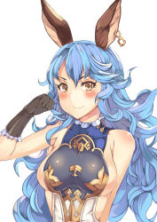 Rule 34 | 10s, 1girl, absurdres, animal ears, bare shoulders, black gloves, blue hair, blush, breasts, earrings, erune, ferry (granblue fantasy), gloves, granblue fantasy, highres, jewelry, long hair, looking at viewer, pm tii (matuko1024), sideboob, single earring, smile, solo, yellow eyes