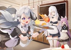Rule 34 | 3girls, absurdly long hair, absurdres, alternate costume, apron, azur lane, bird, blunt bangs, breast hold, breasts, brick wall, cabinet, cake, chick, cleavage, commentary request, covering own mouth, cup, detached collar, drink, drinking glass, drinking straw, enmaided, fang, food, fruit, gloves, grey eyes, hair ornament, highres, ice, ice cube, kirari (kira rin9), lamp, large breasts, lemon, lemon slice, long hair, long sleeves, looking at another, maid, maid apron, maid cafe, maid headdress, manjuu (azur lane), menu board, minsk (azur lane), multicolored hair, multiple girls, open mouth, purple eyes, purple hair, sidelocks, skin fang, sleeves past wrists, strawberry, strawberry cake, streaked hair, surprised, tallinn (azur lane), tashkent (azur lane), tea, thighhighs, tray, tripping, two-tone hair, very long hair, white gloves, white hair, white legwear, wide sleeves, wrist cuffs, zettai ryouiki