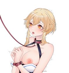 Rule 34 | bare shoulders, bdsm, blonde hair, blush, bondage, bound, bound wrists, breasts, cleavage, collar, collarbone, crying, crying with eyes open, genshin impact, highres, large breasts, leash, looking at viewer, lumine (genshin impact), short hair, slave, tears, tongue, tongue out, unosaki2, white background, wrist cuffs, yellow eyes