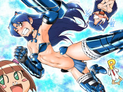 Rule 34 | 1boy, 2girls, abs, animal ears, armor, armpits, bandeau, bare shoulders, bikini, bikini armor, blue hair, blush, boots, breasts, brown hair, cat ears, chibi, choker, clenched hand, clenched teeth, collarbone, flat chest, gloves, high waist, idolmaster, idolmaster (classic), jewelry, kisaragi chihaya, loincloth, midriff, multiple girls, narrow waist, navel, necklace, nonowa, oku (okumen), p-head producer, producer (idolmaster), red eyes, ribs, skull choker, small breasts, snot, strapless, striped clothes, striped thighhighs, swimsuit, tears, teeth, thighhighs, vertical-striped clothes, vertical-striped thighhighs