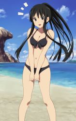 Rule 34 | 1girl, akiyama mio, artist request, beach, bikini, black bikini, black eyes, black hair, breasts squeezed together, breasts, cleavage, day, front-tie top, highres, k-on!, long hair, looking at viewer, navel, ocean, open mouth, outdoors, ponytail, solo, swimsuit, third-party edit, water