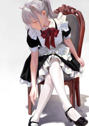 Rule 34 | 1girl, adjusting footwear, animal ears, apron, black dress, black footwear, bow, bowtie, cat ears, chair, closed mouth, crossed legs, dress, feiqizi (fkey), fkey, grey hair, high heels, highres, maid, maid apron, mary janes, on chair, original, pantyhose, pinafore dress, pink eyes, ponytail, puffy short sleeves, puffy sleeves, red bow, red bowtie, shoes, short sleeves, simple background, sitting, sleeveless dress, solo, white apron, white background, white pantyhose
