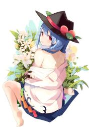 Rule 34 | 1girl, bare shoulders, barefoot, black hat, blue hair, blue skirt, commentary request, fedora, flower, food, from behind, fruit, hat, hinanawi tenshi, leaf, long hair, looking at viewer, looking back, md5 mismatch, miniskirt, off shoulder, peach, red eyes, resolution mismatch, shirt, sitting, skirt, solo, source larger, tetsurou (fe+), touhou, wariza, white background, white flower, white shirt