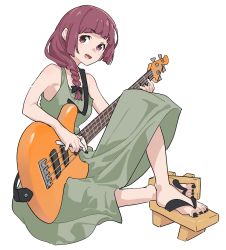 Rule 34 | 1girl, :d, bachi, bare arms, bare shoulders, bass guitar, black bow, black nails, bocchi the rock!, bow, braid, dress, fang, feet, geta, gochiwa, green dress, hair bow, hair over shoulder, highres, hiroi kikuri, holding, holding instrument, instrument, looking at viewer, music, nail polish, open mouth, playing instrument, plectrum, red eyes, red hair, simple background, single braid, smile, solo, sundress, toenail polish, toenails, white background
