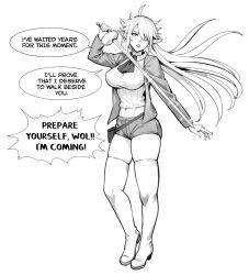 Rule 34 | 1girl, aged up, ahoge, alisaie leveilleur, boots, breasts, earrings, elezen, elf, final fantasy, final fantasy xiv, greyscale, hair over one eye, holding, holding sword, holding weapon, jacket, jamjamstyle, jewelry, large breasts, long hair, looking at viewer, midriff, monochrome, navel, open clothes, open jacket, pointy ears, shorts, solo, speech bubble, sword, thigh boots, weapon