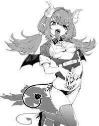 Rule 34 | 1girl, akitsuki itsuki, belt, bikini, bow, bowtie, breasts, cropped shirt, demon horns, demon tail, demon wings, earrings, fingernails, greyscale, hair between eyes, heart, heart tattoo, horns, jacket, jewelry, long fingernails, long hair, long tongue, looking at viewer, low twintails, medium breasts, monochrome, open clothes, open jacket, open mouth, original, outline, own hands together, pointy ears, pubic tattoo, shadow, sharp fingernails, short sleeves, side-tie bikini bottom, solo, standing, standing on one leg, swimsuit, tail, tattoo, thighhighs, tongue, tongue out, twintails, underboob, white background, white outline, wings