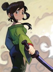 Rule 34 | 1girl, blush, brown eyes, brown hair, closed mouth, from behind, green shirt, hair bun, highres, long sleeves, looking at viewer, looking back, off-shoulder shirt, off shoulder, original, shirt, single hair bun, smile, solo, standing, sui (suizilla), sword, weapon