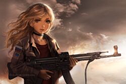 Rule 34 | 1boy, american flag, assault rifle, black choker, black eyeshadow, brown jacket, brown shirt, choker, cloud, collarbone, collared jacket, commentary, copyright notice, day, expressionless, eyelashes, eyeshadow, floating hair, gradient sky, grey eyes, grey sky, gun, gun sling, holding, holding gun, holding weapon, jacket, light brown hair, long hair, long sleeves, looking at viewer, makeup, male focus, military jacket, mole, mole under mouth, multicolored sky, nitrile, open clothes, open jacket, original, outdoors, parted hair, parted lips, patch, pink lips, pocket, rifle, russia, russian flag, shirt, sidelighting, sky, solo, stg44, sun, sunlight, t-shirt, trap, trigger discipline, tumblr username, unbuttoned, upper body, watermark, weapon, web address, white sky