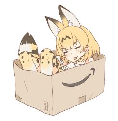 Rule 34 | 10s, 1girl, amazon (company), animal ears, bad id, bad pixiv id, blonde hair, bow, box, closed eyes, coupon (skyth), gloves, in box, in container, kemono friends, lying, on back, paw pose, print bow, print thighhighs, serval (kemono friends), serval print, serval tail, simple background, solo, tail, thighhighs, tongue, tongue out, white background, white gloves