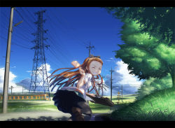 Rule 34 | 00s, 1girl, ^ ^, baakurou, bag, brown hair, closed eyes, cloud, day, food, grass, grin, hairband, idolmaster, idolmaster (classic), letterboxed, long hair, looking back, minase iori, overhead line, pantyhose, popsicle, power lines, railroad crossing, running, school uniform, skirt, sky, smile, solo, train, transmission tower, tree, tree shade, utility pole