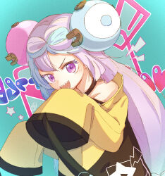 Rule 34 | 1girl, bow-shaped hair, character hair ornament, creatures (company), game freak, hair ornament, hexagon print, highres, iono (pokemon), jacket, long hair, low-tied long hair, multicolored hair, nintendo, oversized clothes, pink eyes, pink hair, pokemon, pokemon sv, risui ao, sharp teeth, shirt, sleeveless, sleeveless shirt, sleeves past fingers, sleeves past wrists, solo, teeth, twintails, two-tone hair, very long hair, very long sleeves, x, yellow jacket