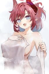Rule 34 | 1girl, blue archive, blue eyes, blush, breasts, collarbone, fang, halo, hand on own chest, highres, holding, holding towel, horns, large breasts, long hair, looking at viewer, megu (blue archive), naked towel, nude, open mouth, pointy ears, red hair, sakura akami, sidelocks, skin fang, smile, solo, standing, steam, towel, upper body, white background