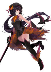 Rule 34 | 1girl, bare shoulders, bird, black hair, black thighhighs, crow, female focus, full body, hat, long hair, open mouth, original, ponytail, red eyes, ribbon, skirt, solo, sword, thighhighs, tsukii, weapon, white background