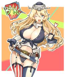 Rule 34 | 10s, 1girl, black panties, blonde hair, breasts, cleavage, clothes lift, finger gun, garter straps, gloves, heart, iowa (kancolle), kantai collection, large breasts, long hair, miniskirt, one eye closed, open mouth, panties, sakurama haruomi, skirt, skirt lift, solo, speech bubble, star-shaped pupils, star (symbol), symbol-shaped pupils, thighhighs, underwear