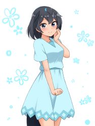 Rule 34 | 1girl, absurdres, alternate costume, black eyes, black hair, blue shirt, blue skirt, commentary, cowboy shot, hand on own cheek, hand on own face, head wings, highres, kemono friends, looking at viewer, shiraha maru, shirt, short hair, short sleeves, simple background, skirt, skirt set, smile, solo, superb bird-of-paradise (kemono friends), tail, white background, wings