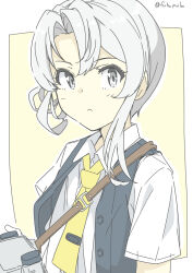 Rule 34 | 1girl, asymmetrical hair, black vest, collared shirt, dress shirt, flipped hair, fubupula, grey eyes, kantai collection, looking at viewer, necktie, nowaki (kancolle), one-hour drawing challenge, school uniform, shirt, shoulder strap, solo, upper body, vest, white hair, white shirt, yellow necktie