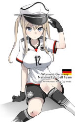 Rule 34 | 10s, 1girl, adidas, alternate costume, black gloves, blonde hair, blue eyes, breasts, fifa, fujii jun, german flag, germany, gloves, graf zeppelin (kancolle), hat, kantai collection, large breasts, long hair, looking at viewer, peaked cap, simple background, soccer, soccer uniform, solo, sportswear, twintails, white background, world cup