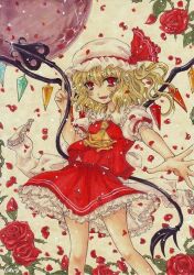 Rule 34 | 1girl, ascot, back bow, bow, collared shirt, feet out of frame, flandre scarlet, flower, frilled shirt collar, frilled skirt, frilled sleeves, frills, hair between eyes, hat, hat ribbon, holding, holding polearm, holding weapon, laevatein (touhou), large bow, looking at viewer, mob cap, multicolored wings, open mouth, polearm, puffy short sleeves, puffy sleeves, red eyes, red flower, red ribbon, red rose, red skirt, red vest, ribbon, rose, shirt, short sleeves, skirt, sleeve ribbon, thorns, touhou, vest, weapon, white bow, white hat, white shirt, wings, yellow ascot, yukito lin