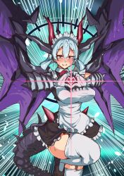 Rule 34 | 1girl, amorphous, apron, blue hair, blush, camera, chaos ruler the chaotic magical dragon, dragon girl, dragon horns, dragon tail, dragon wings, frilled apron, frills, garter straps, heart, heart hands, highres, horns, maid, maid apron, maid headdress, personification, shoes, solo, standing, standing on one leg, sweat, tail, thighhighs, wings, yu-gi-oh!