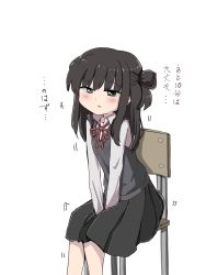 Rule 34 | 1girl, between legs, black eyes, black hair, black skirt, black vest, blush, chair, collarbone, embarrassed, female focus, flat chest, half-closed eyes, hand between legs, have to pee, highres, japanese text, long hair, looking at viewer, matching hair/eyes, miniskirt, neck ribbon, on chair, open mouth, original, own hands together, pleated skirt, red ribbon, ribbon, school chair, school uniform, shirt, short sleeves, sidelocks, simple background, sitting, skirt, solo, talking, tawasiupa, translation request, trembling, two side up, v arms, vest, white background, white shirt