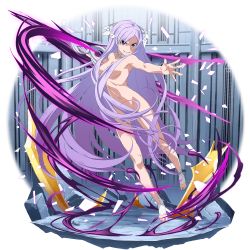 Rule 34 | 1girl, absurdly long hair, blue eyes, breasts, choker, cleavage, collarbone, floating hair, grin, groin, hair censor, hair over breasts, hair over crotch, highres, long hair, medium breasts, navel, nude, official art, outstretched arms, outstretched hand, parted bangs, purple hair, quinella, smile, solo, sword art online, transparent background, very long hair