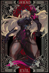Rule 34 | 1girl, angry, armor, bare shoulders, black dress, black gloves, blonde hair, breasts, dress, barghest (fate), barghest (second ascension) (fate), fate/grand order, fate (series), from below, full body, glaring, gloves, green eyes, heterochromia, highres, horns, huge breasts, jewelry, kaifei (kaifei 29), kneeling, large breasts, long hair, looking at viewer, muscular, muscular female, pantyhose, red eyes, shoulder armor, solo, tall female, teeth, thighs