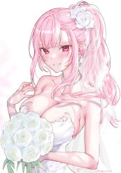 Rule 34 | 1girl, absurdres, alternate costume, alternate hairstyle, bare shoulders, bouquet, breasts, bride, cleavage, dress, flower, high ponytail, highres, holding, holding bouquet, hololive, hololive english, kamiya maneki, large breasts, long hair, looking at viewer, mori calliope, pink hair, red eyes, simple background, smile, solo, strapless, strapless dress, virtual youtuber, wedding dress, white background, white dress