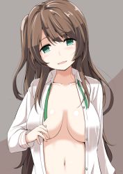 Rule 34 | 1girl, bad id, bad twitter id, blush, breasts, brown hair, green eyes, kichihachi, long hair, looking at viewer, one side up, open clothes, smile, solo, tamasaka makoto, tokyo 7th sisters