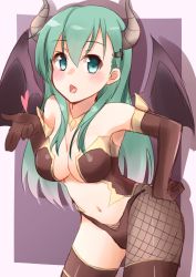 Rule 34 | 10s, 1girl, absurdres, aqua eyes, aqua hair, asymmetrical legwear, bad id, bad pixiv id, bare shoulders, bat wings, blush, breasts, cleavage, costume, demon girl, demon wings, elbow gloves, fake horns, gloves, green eyes, green hair, hair between eyes, hair ornament, hairclip, halloween, hand on own hip, happy halloween, heart, highres, horns, kantai collection, kapatarou, large breasts, leaning forward, long hair, looking at viewer, matching hair/eyes, mismatched legwear, navel, open mouth, pantyhose, solo, suzuya (kancolle), wings