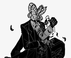 Rule 34 | 1boy, animal head, armband, bouquet, bug, butterfly, collared shirt, extra arms, flower, formal, funeral of the dead butterflies, greyscale, hand up, highres, holding, holding bouquet, holding coffin, insect, lobotomy corporation, maskv, monochrome, project moon, shirt, spider lily, suit, vest, wilted flower, wing collar