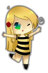 Rule 34 | 1girl, ;d, ahoge, blonde hair, blue eyes, boots, chibi, dress, female focus, flower, food, fruit, full body, green eyes, hair ornament, heterochromia, highres, looking at viewer, mandarin orange, one eye closed, open mouth, plant, smile, solo, striped, transparent background, vodkatan, wink
