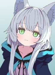 1girl animal_ear_fluff animal_ears aqua_background arknights blush closed_mouth commentary_request gradient_background green_eyes grey_hair highres hood hood_down long_hair looking_up partial_commentary rainyghostdance_(migumo) rosmontis_(arknights) sidelocks solo split_mouth upper_body